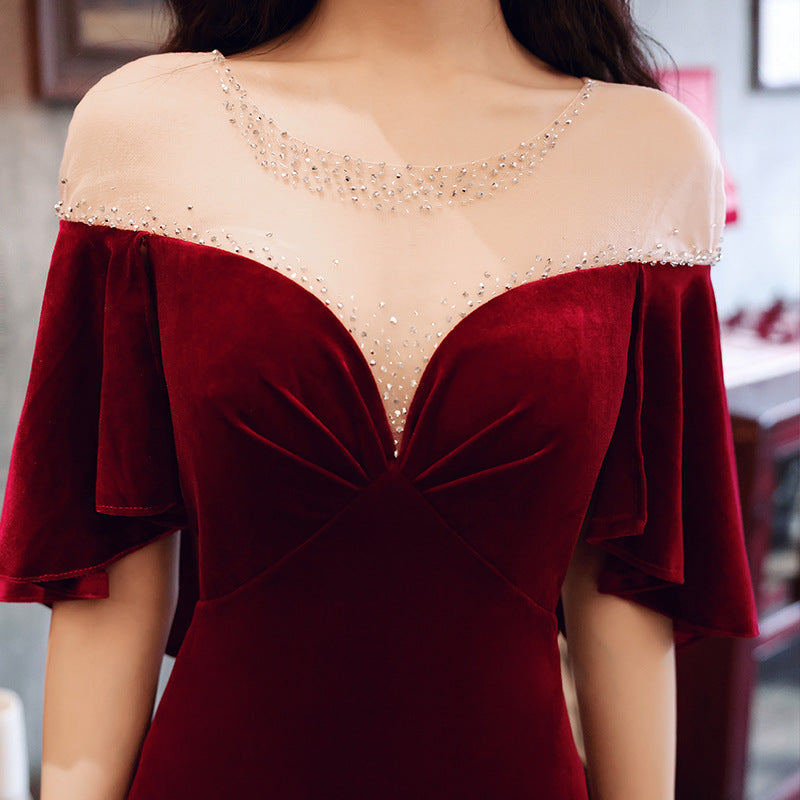 Toast Dress Bride 2024 New Autumn Wine Red V-neck Banquet Evening Dress Elegant Figure Flattering Wedding Toast Dress