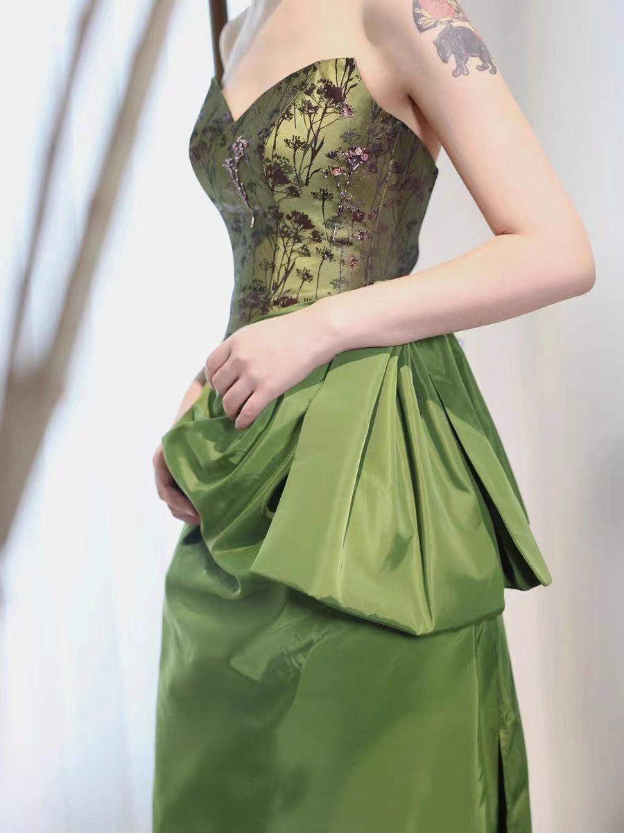 Green New Chinese Style Morning Gowns Dress Toast Dress Bride Engagement Dress Light Luxury Minority Long Tube Top Dress