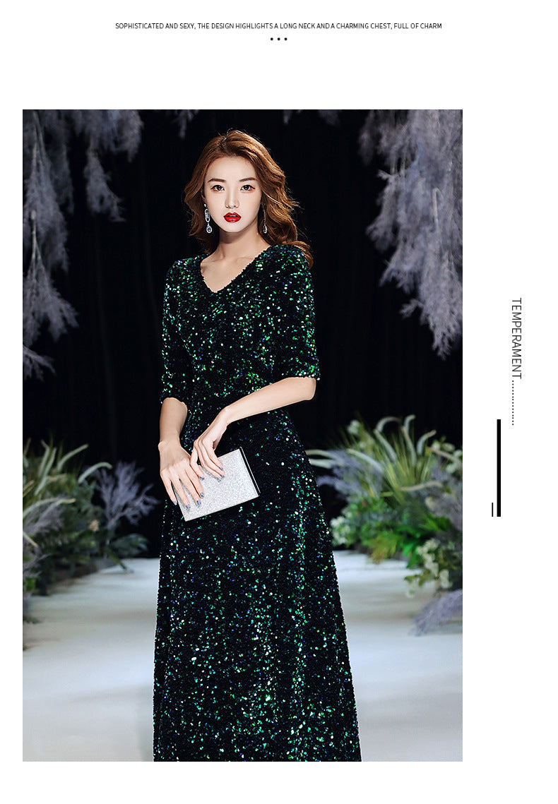 Green Sequins Annual Party Evening Dress Female 2024 Spring and Spring New Banquet Temperament Texture Host Long Dress
