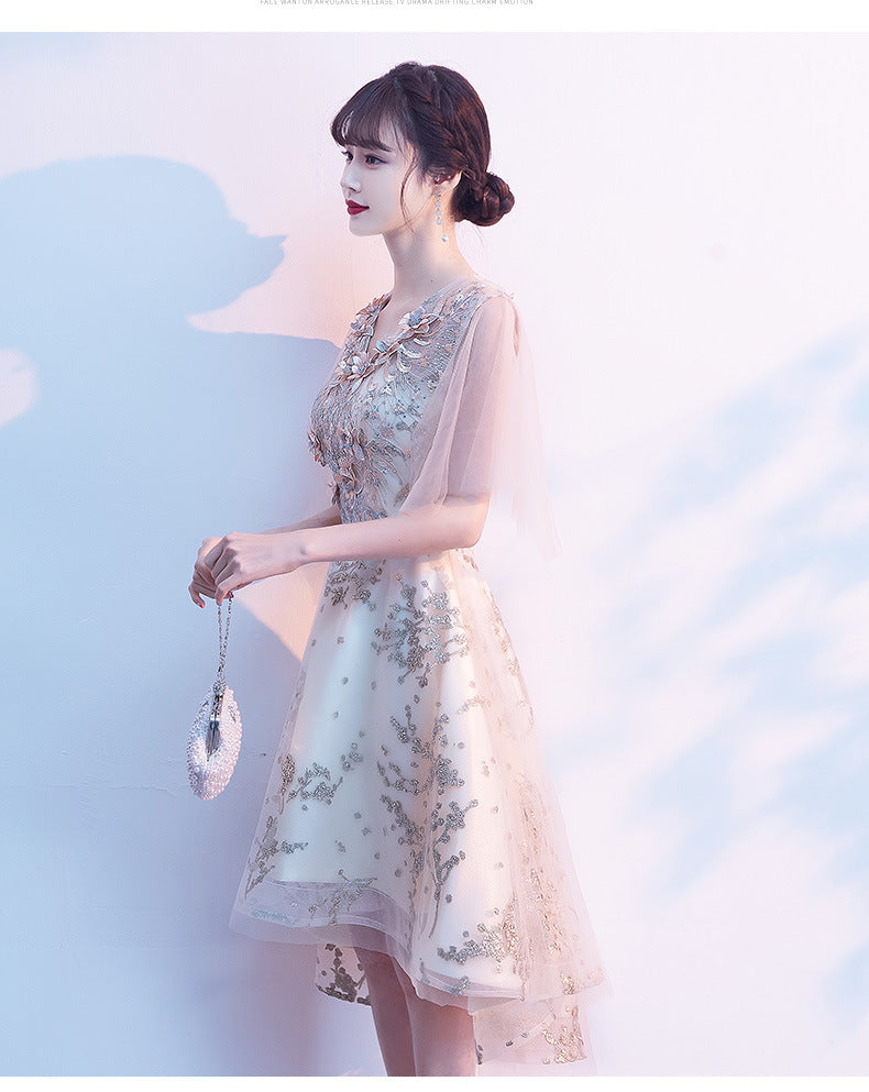 Evening Dress for Women Banquet Temperament Fairy Light Luxury Minority High-End Host Short Front Short Back Length Dress
