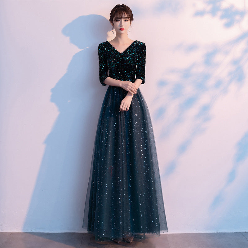 Dark Green Annual Party Evening Dress 2024 Autumn New Fashion Sexy V-neck Banquet Host Long Dress