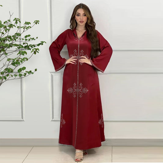 Xqy500157 Middle East Abaya Ethnic Style Dress Hooded Robe Fashion Diamond-Embedded Slits Lower Hem Dress