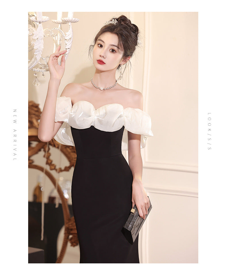 Beautiful off-Shoulder Evening Dress for Women 2024 New High-Grade Light Luxury Minority Banquet Host Elegant Fishtail Dress