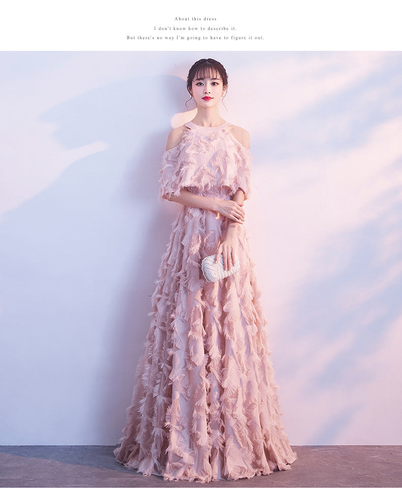 Halter Banquet Evening Dress Dress Women's 2024 Autumn New Elegant Long Slimming Solo Art Exam Pink Bridesmaid
