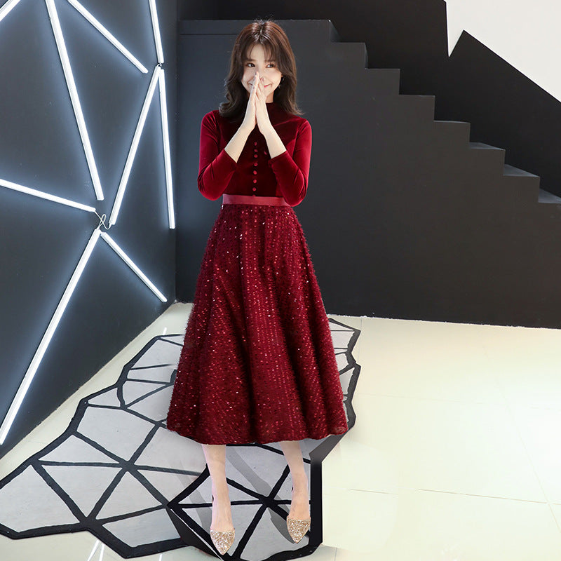 Evening Dress for Women 2024 New Elegant Toast Dress Wine Red Bride Elegant Long Sleeve Wedding Clothes Autumn