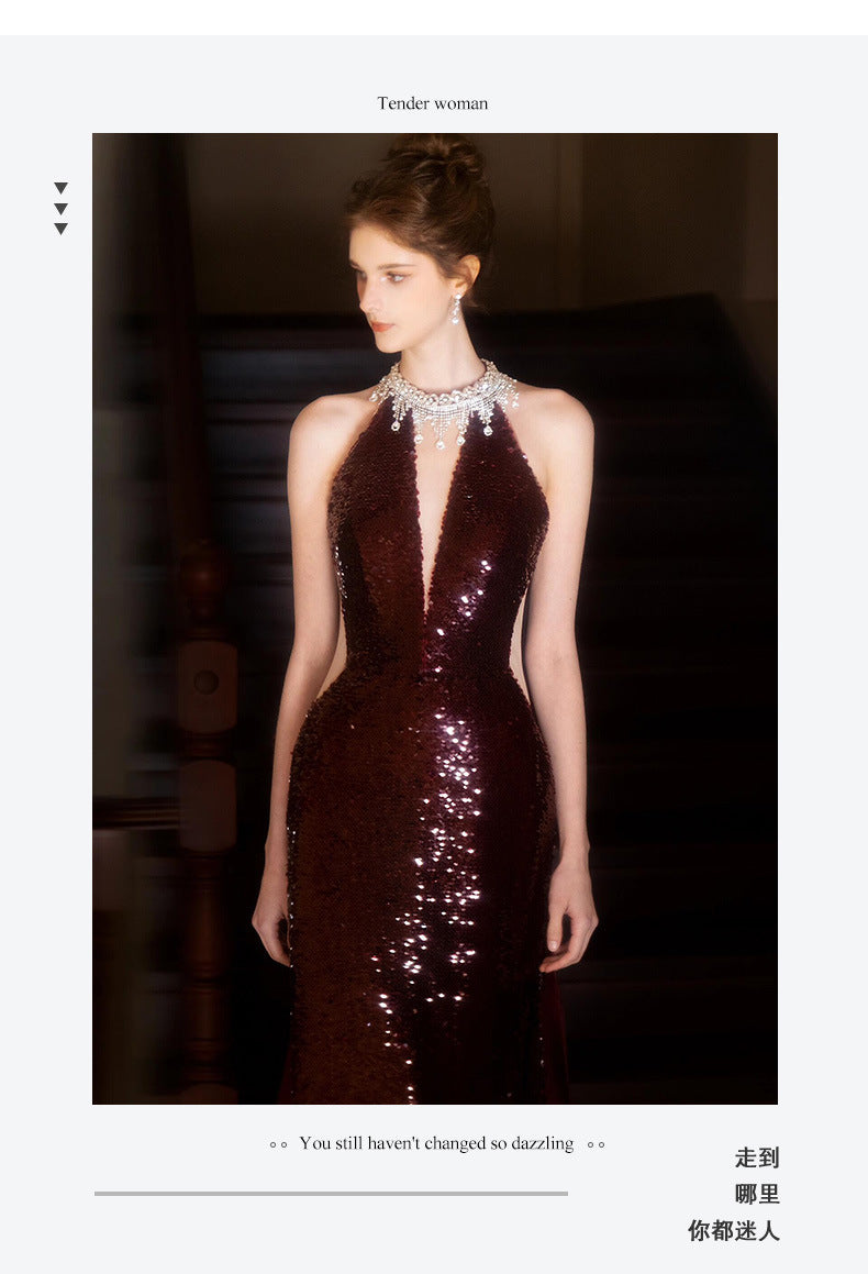Sequined Toast Dress for Bride Wine Red Engagement Banquet Temperament Long Halter-Style Heavy Work Fishtail Evening Dress for Women