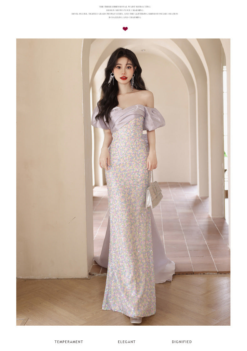 off-Shoulder Evening Dress for Women 2024 New Autumn Light Luxury Minority High-End Ladies Annual Meeting Host Banquet Dress