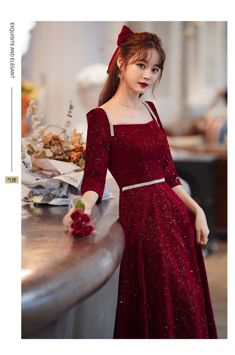 Toast Dress Bride 2024 New Autumn and Winter Fairy Wine Red Engagement Dress Wedding Back Door Toast Dress