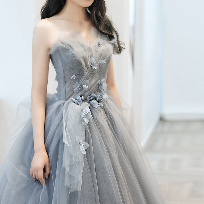 Elegant Gown Evening Dress Long Art Exam Vocal Music Host Pettiskirt Costume Grey Dresses HJ2203