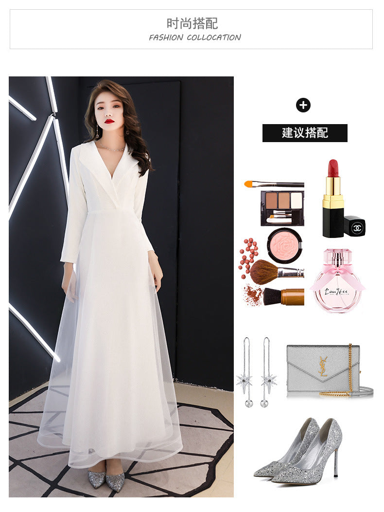 White Evening Dress Women's Long-Sleeved Annual Meeting Host Fishtail Dinner Dress 2024 New Socialite Long Temperament Slimming