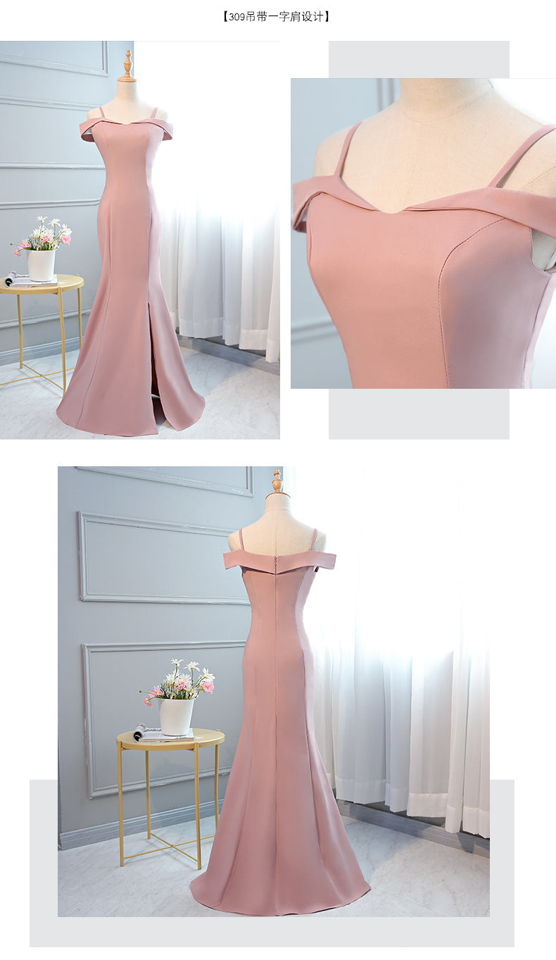 Ladybros' Dress 2023 Summer Autumn New Style off-Shoulder Annual Meeting Pink Figure Flattering Fishtail Dress for the Besties Bridesmaid Dress for Women