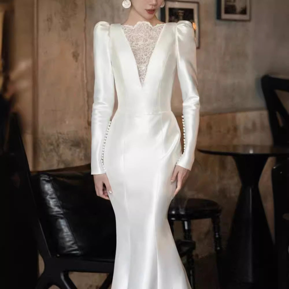 Wedding Dress Satin Long Sleeve Fishtail Outdoor Yarn Banquet Evening Gown H2911