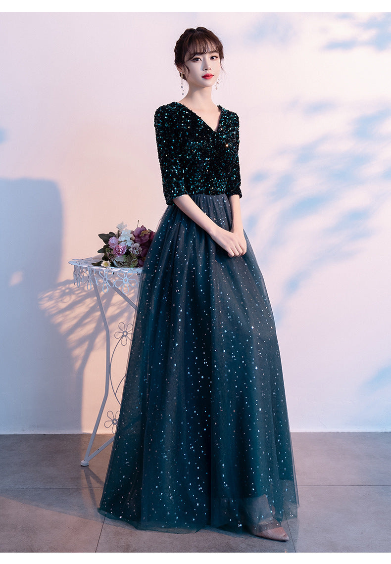 Dark Green Annual Party Evening Dress 2024 Autumn New Fashion Sexy V-neck Banquet Host Long Dress