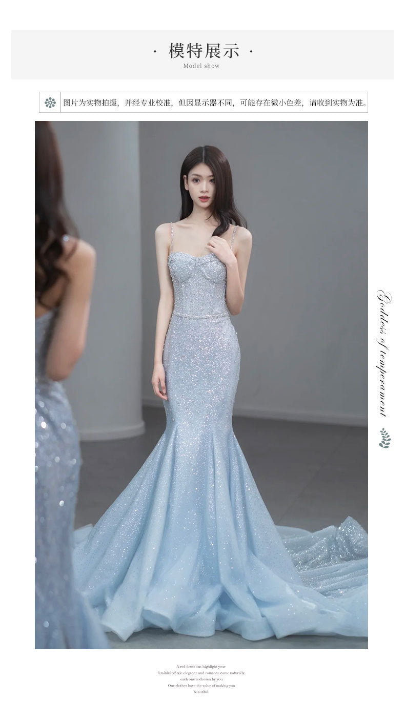 Fishtail Evening Dress High-Grade Model Catwalk Student Art Exam Toast Dress Bride Super Fairy Blue French Strap