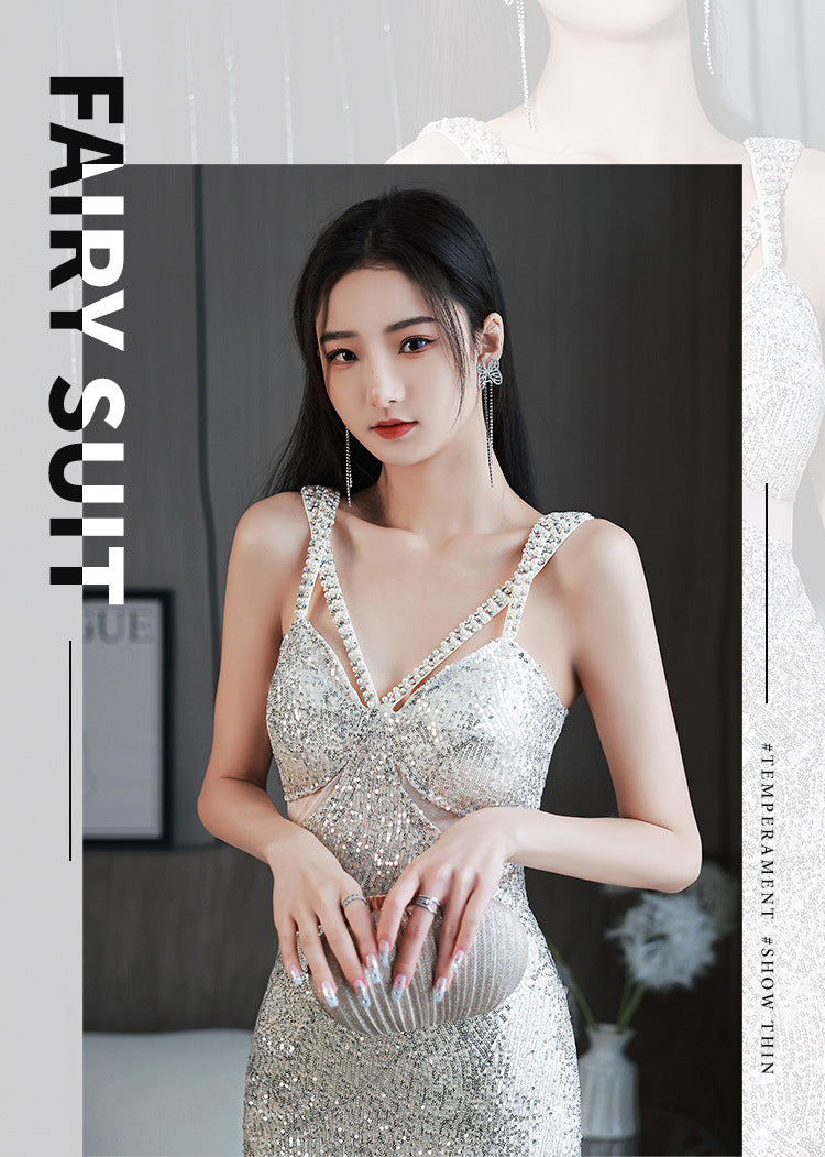 Silver Suspender Evening Dress Bridesmaid Dress Toast Dress V-neck Slimming Dress Banquet Sheath Dress Long Dress