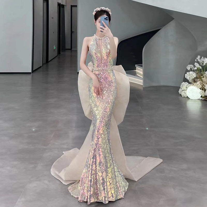 Evening Dress Mermaid Birthday Party Dress Performance Sequined Fishtail Cocktail Party Long Dress Sequined Fish Scale Shiny Performance Dress H8002