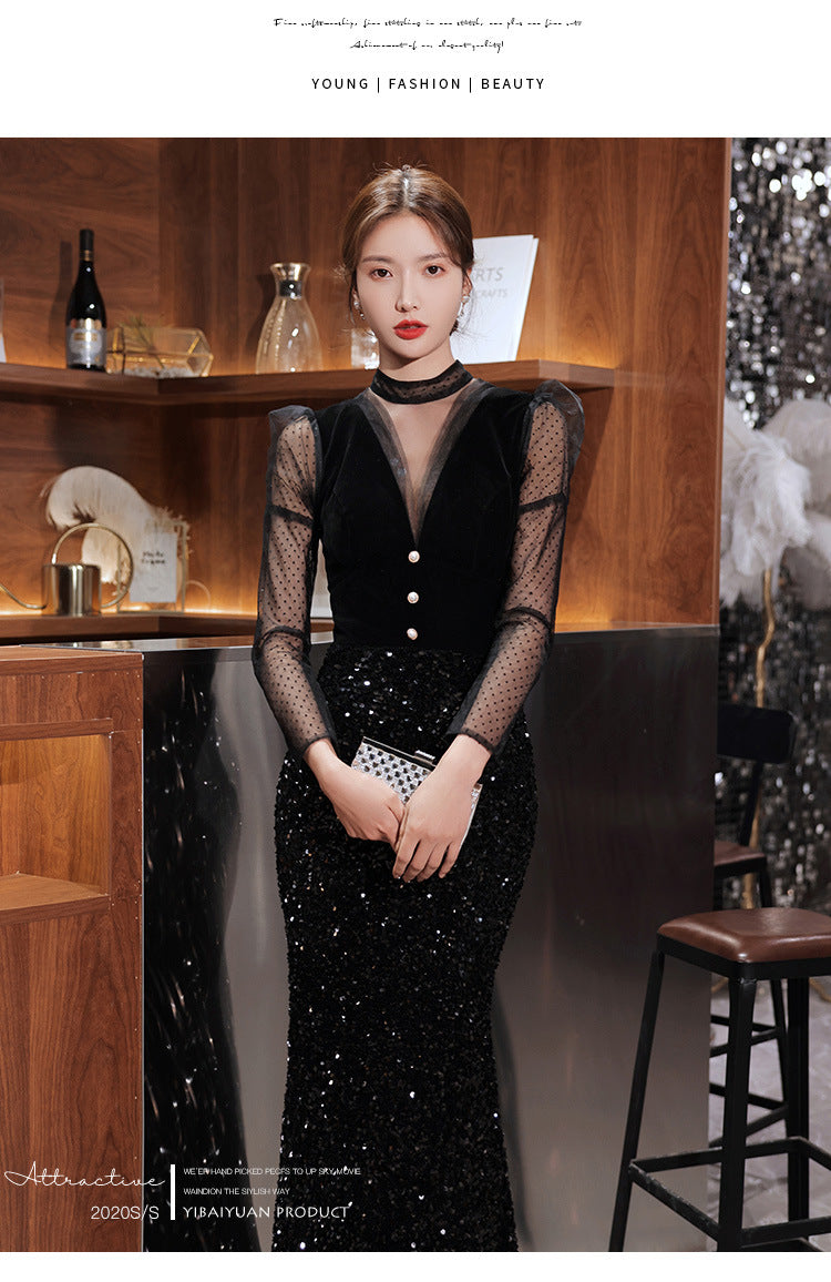 Black Velvet Evening Dress 2024 New Temperament Banquet Fishtail Vocal Dress Art Exam Long Sleeve Host Clothing