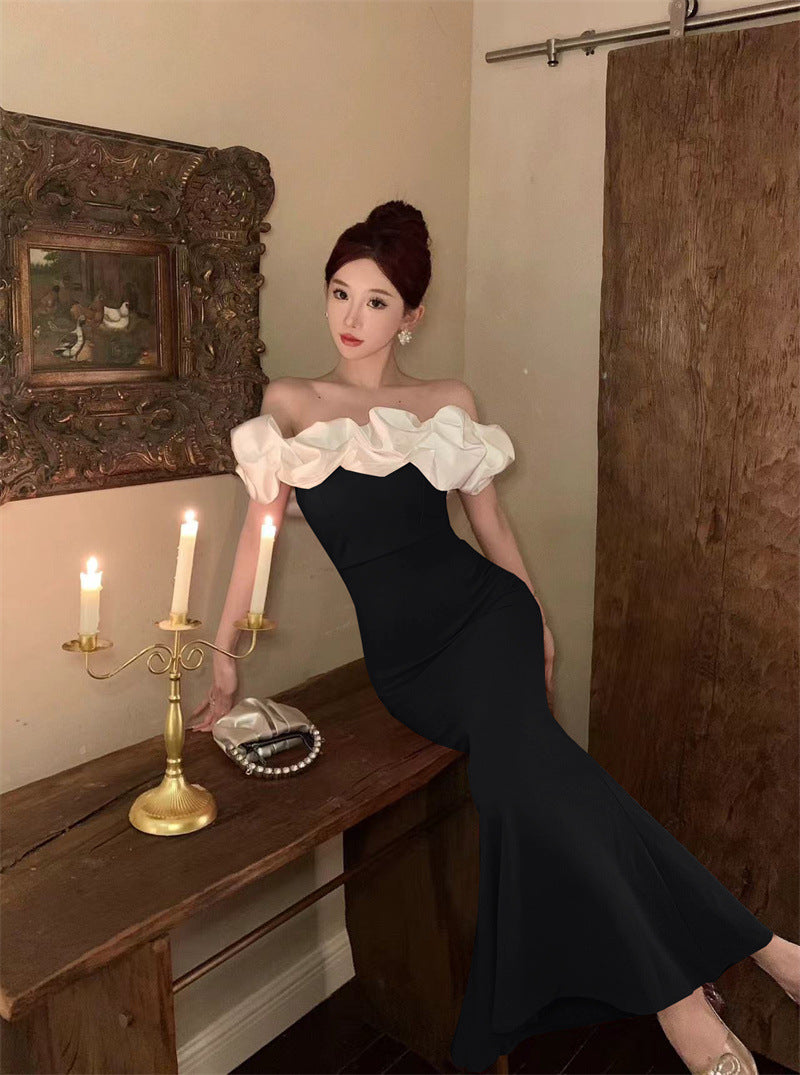 2883 Cross-Border Foreign Trade Women's Clothing Wholesale Southeast Asia off-Shoulder Contrast Color Evening Dress Temperament Slimming Fishtail Dress