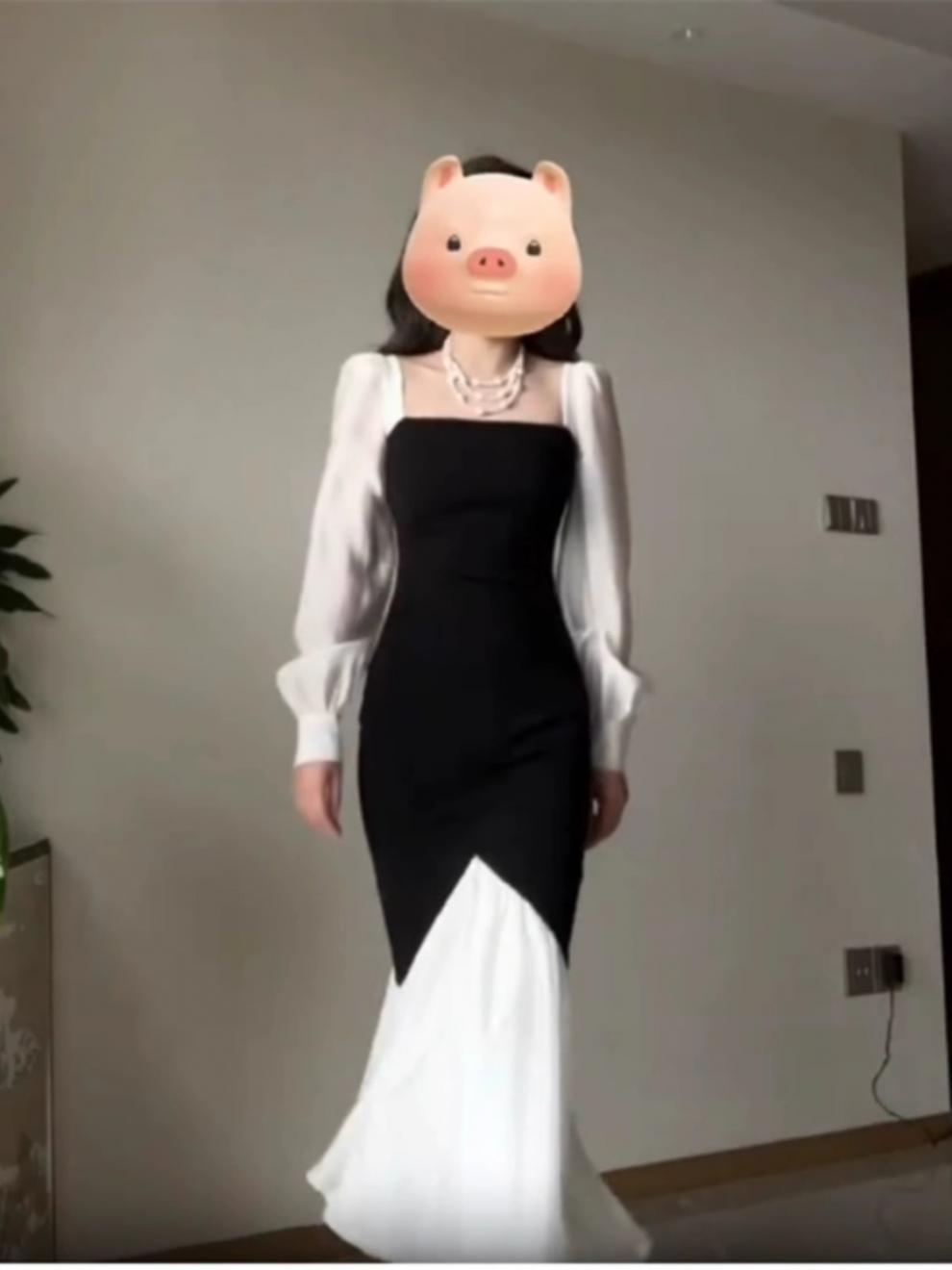 French Square Collar Color Contrast Patchwork Dress Women's Elegant Early Spring and Autumn New Slim Fit High Waist Fishtail Long Skirt Fashion