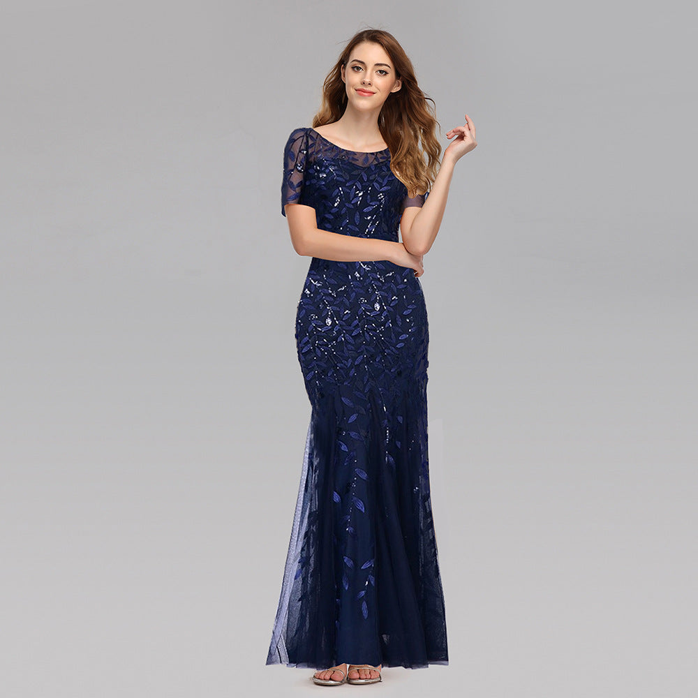 Spring and Summer Cross-Border 2024 Banquet Host European and American Slim Mesh Sequins Evening Dress Fishtail Dress Women