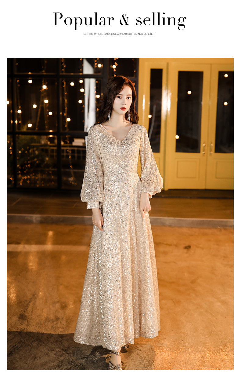 Factory Supply Evening Dress 2024 New Autumn and Winter Long Long Sleeve V-neck Sequins Champagne Annual Party Evening Dress