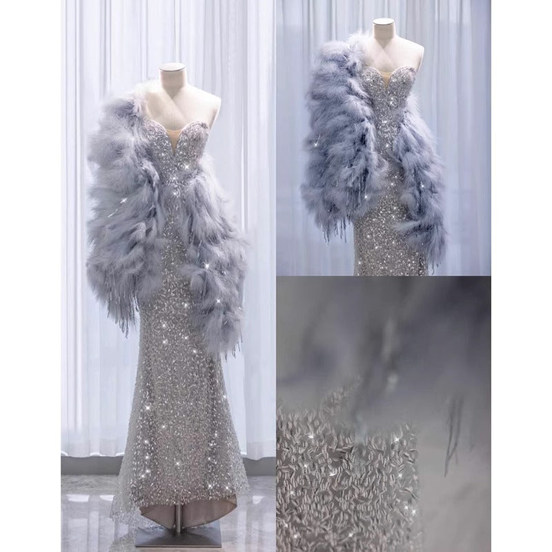 Engagement Tube Top Evening Dress for Women 2024 New Sexy Silver Paillette Fishtail Dress Feather Shawl Bridal Toast Dress
