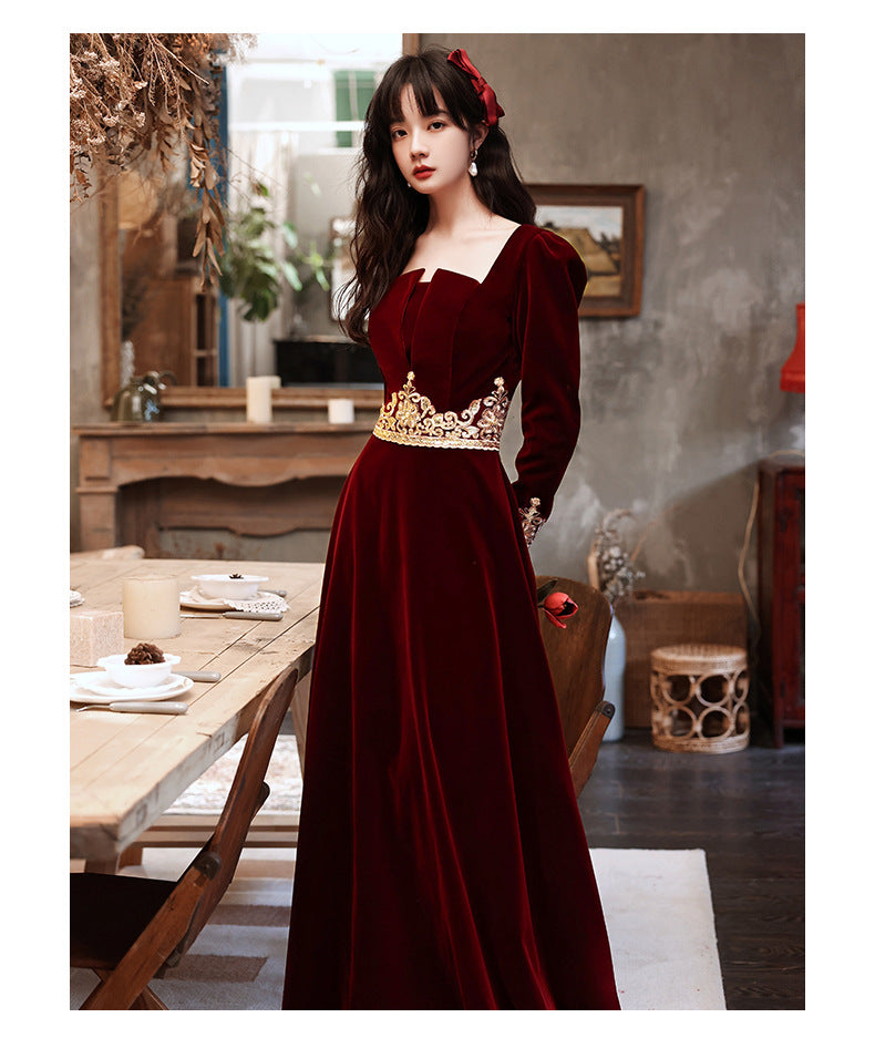 Wedding Toast Dress 2024 New Velvet Wine Red Long Bride Long Evening Dress Autumn Elegant Toast