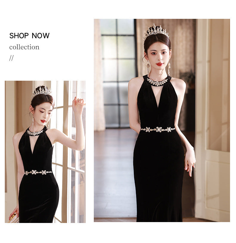 Black Halter V-neck Evening Dress Niche High-End Adult Ceremony Graduation Fishtail High-End Birthday Host Ceremony