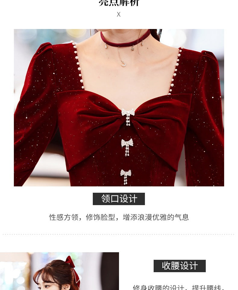 Toast Dress Bride Red Dress Women's High-Grade Skirt Small Engagement Dress Long Sleeve Daily Style Women