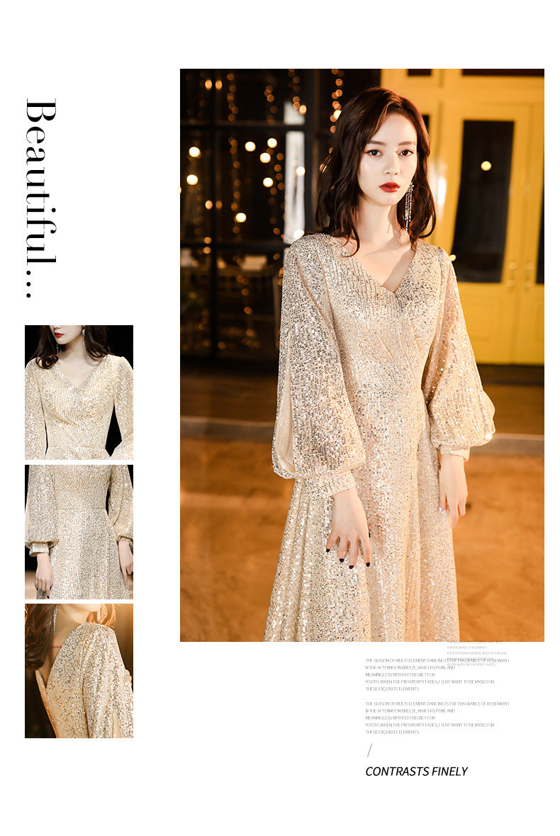 Factory Supply Evening Dress 2024 New Autumn and Winter Long Long Sleeve V-neck Sequins Champagne Annual Party Evening Dress