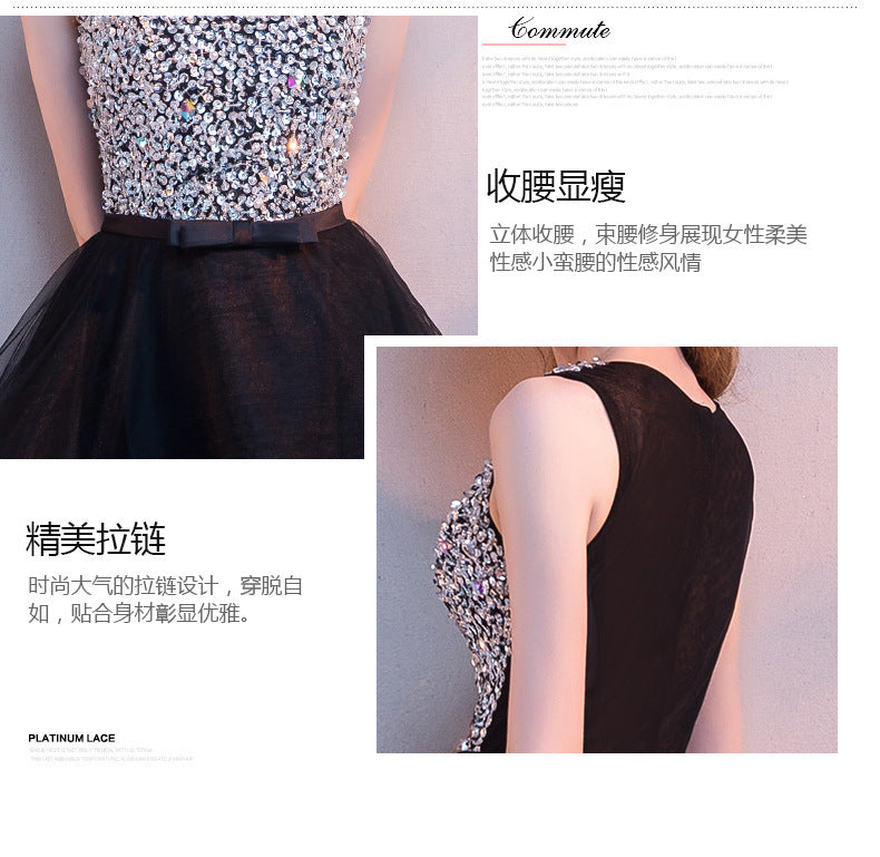 Black Evening Dress Women's New Banquet Noble Performance Front Short Back Long Host round Neck Sequins Small Dress Stage