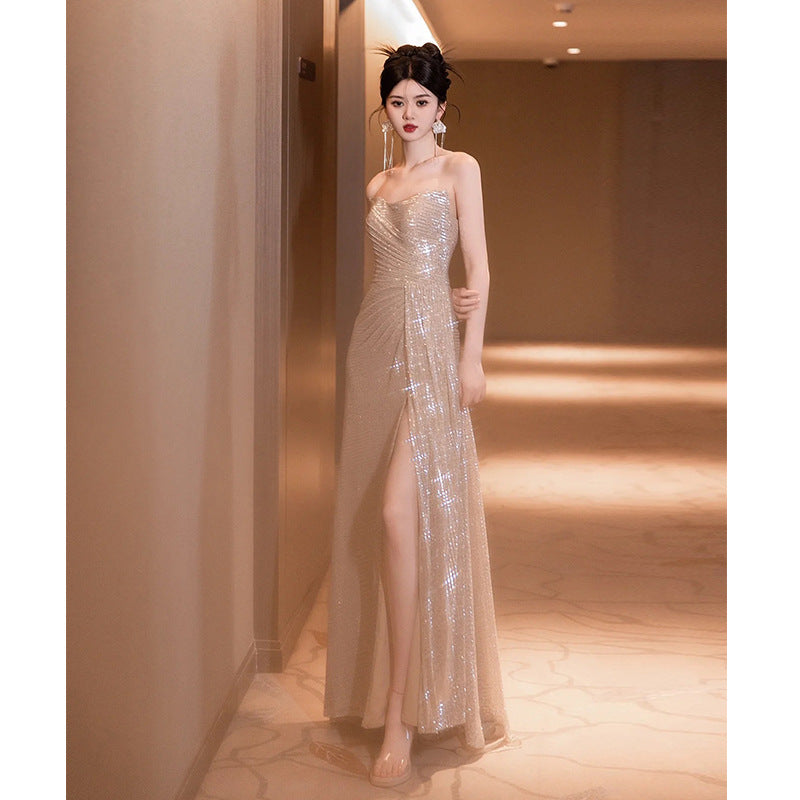 Sequined Tube Top Toast Dress Bride Engagement Fishtail Host Temperament Banquet Female Socialite High-Grade Evening Dress