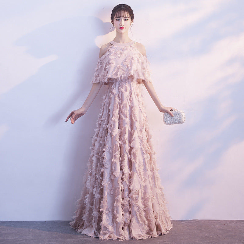 Halter Banquet Evening Dress Dress Women's 2024 Autumn New Elegant Long Slimming Solo Art Exam Pink Bridesmaid