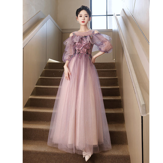 Host Adult Vocal Music Art Test Evening Dress Dress Light Luxury Purple Engagement Autumn and Winter Long Sleeves Toast Dress