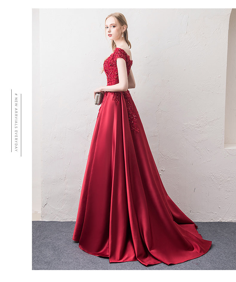 off-Shoulder Wine Red Toast Dress Bride 2024 New Marriage Engagement Wedding Family Visiting Shoes Banquet Evening Dress