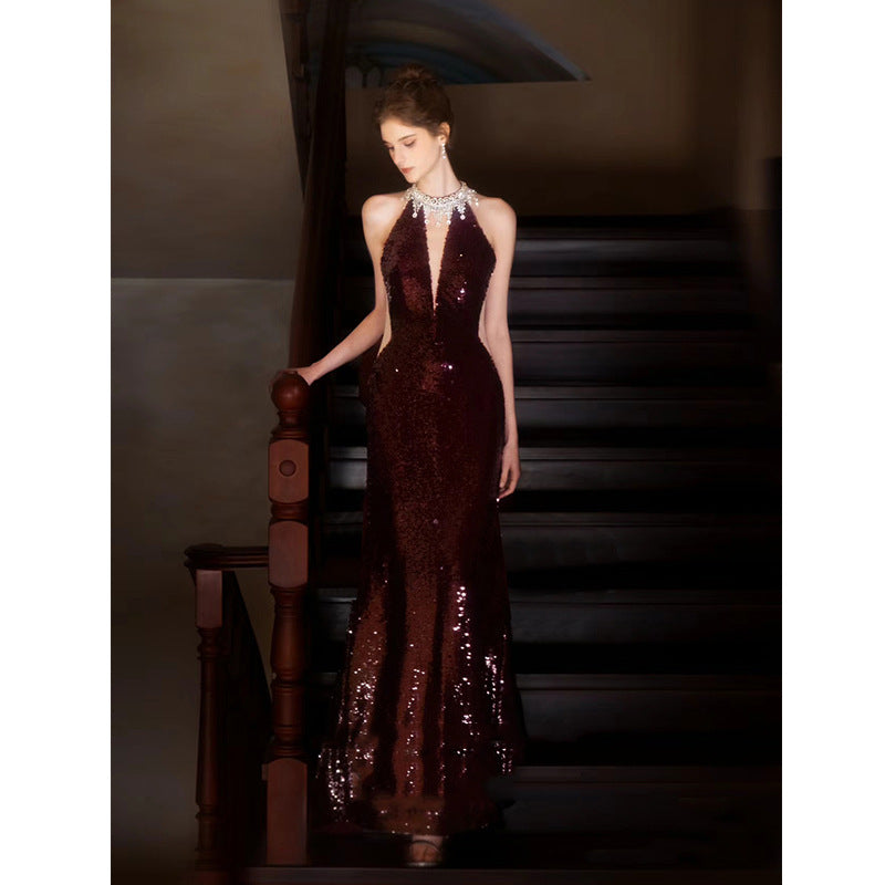 TOAST Clothing 2024 New High Sense Wine Red Bride Engagement Formal Dress Banquet Temperament Host Evening Dress Women