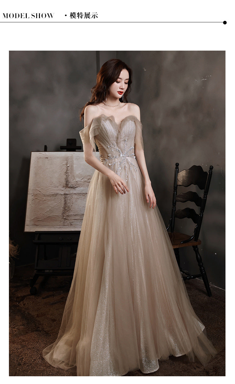 Banquet Evening Dress 2024 New off-Shoulder Dignified Socialite Champagne Dress Host Dinner Annual Meeting Gift