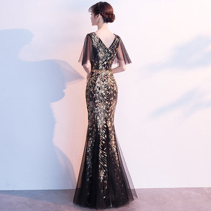 Evening Dress for Women 2024 New Banquet Socialite Gathering Long Style with Medium Sleeves V-neck Black Paillette Host Fishtail