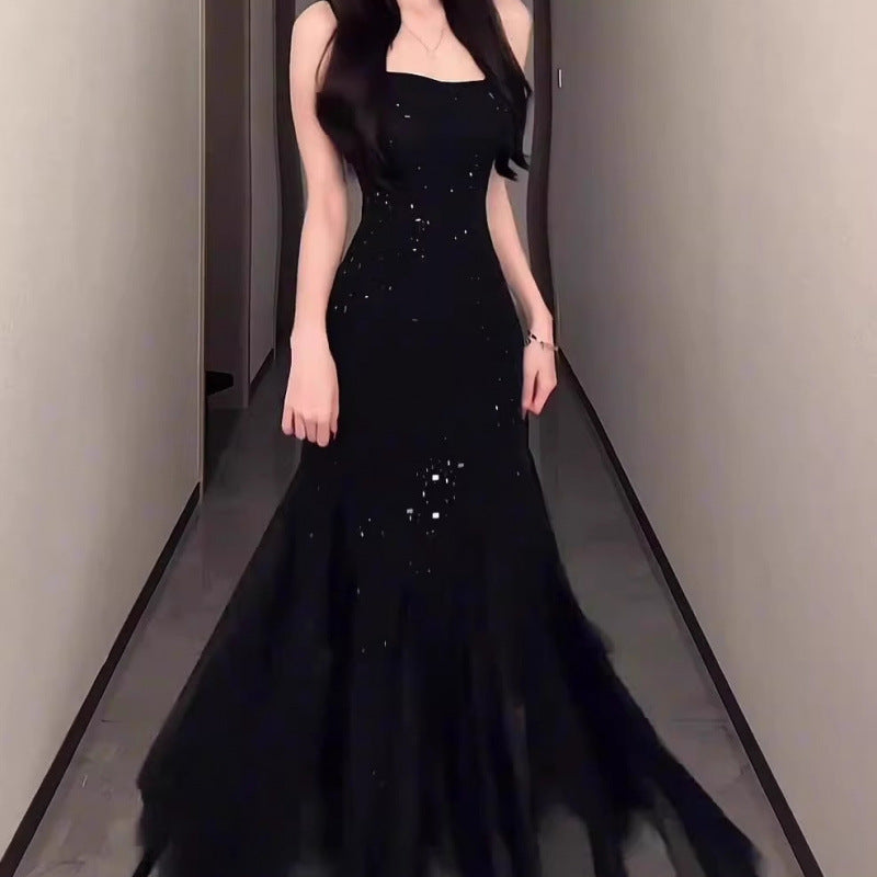 French Style Black Heavy-Duty Sling Dress Women's Summer Evening Dress Temperament Waist-Controlled Slim Fit Sexy Fishtail Long Dress