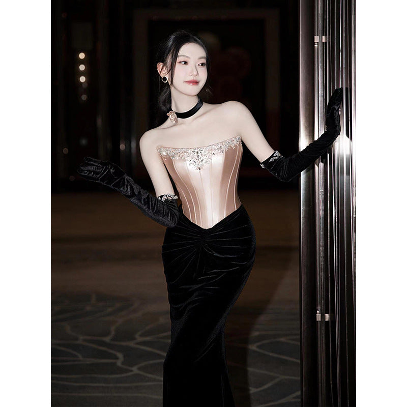 Morning Gowns Women's 2024 New High-Grade Bride Engagement Formal Dress Toast Clothing Black Small Tail Host Evening Dress