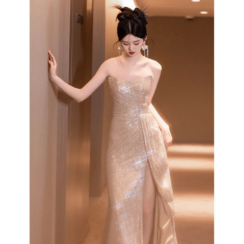 Sequined Tube Top Toast Dress Bride Engagement Fishtail Host Temperament Banquet Female Socialite High-Grade Evening Dress