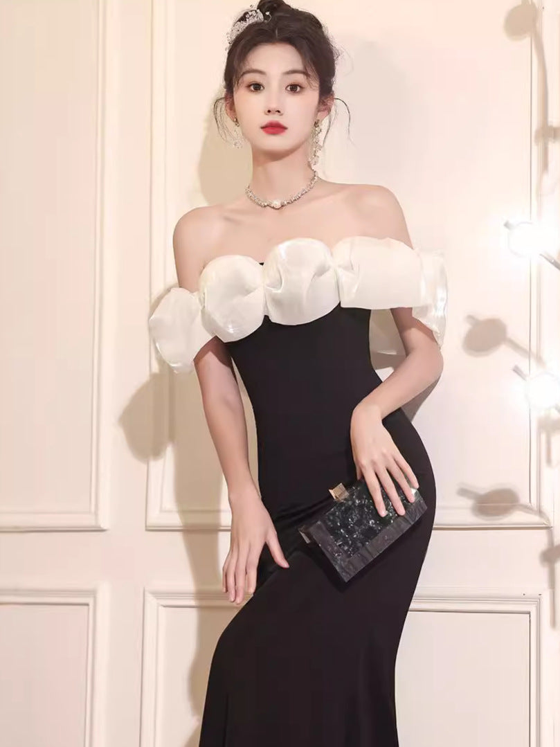 Beautiful off-Shoulder Evening Dress for Women 2024 New High-Grade Light Luxury Minority Banquet Host Elegant Fishtail Dress