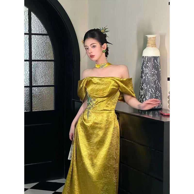 New Chinese Style Morning Gowns Women's 2024 New Tube Top Bride Engagement Formal Dress Toast Clothing off-Shoulder Host Evening Dress