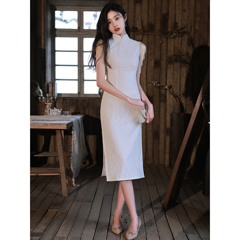 2024 New Cheongsam Little Evening Dress Dress Spring White Birthday Engagement License Registration Daily Style