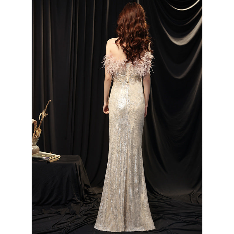 Banquet Dress for Women 2024 New Elegant Sequins Long Ladies Dress for Host Annual Meeting Fishtail Evening Dress