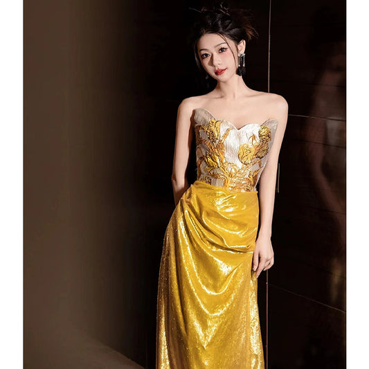 French Style Evening Dress for Women 2024 New Light Luxury Minority High-End Adult Ceremony Tube Top Engagement Dress Banquet Trailing