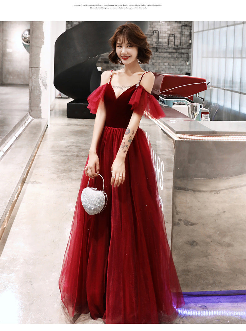 Toast Dress Bride Wine Red Dress Slimming Temperament 2022 New Banquet Strap Handmade Marriage Engagement Dress