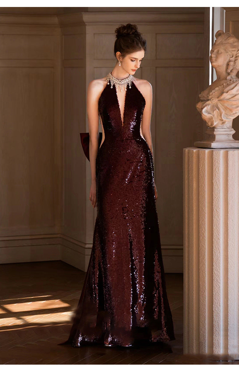 TOAST Clothing 2024 New High Sense Wine Red Bride Engagement Formal Dress Banquet Temperament Host Evening Dress Women