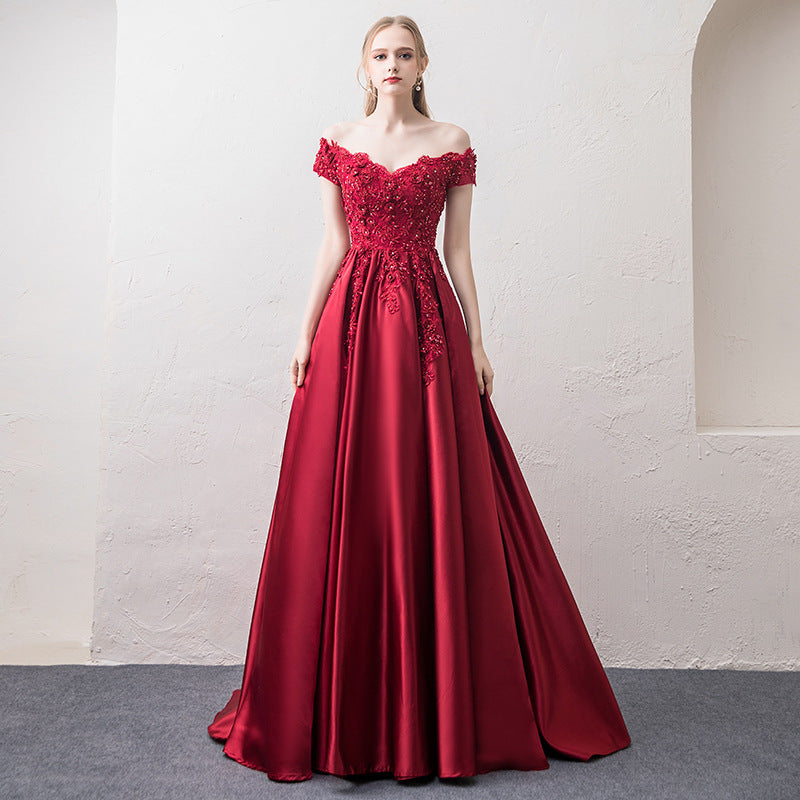 off-Shoulder Wine Red Toast Dress Bride 2024 New Marriage Engagement Wedding Family Visiting Shoes Banquet Evening Dress