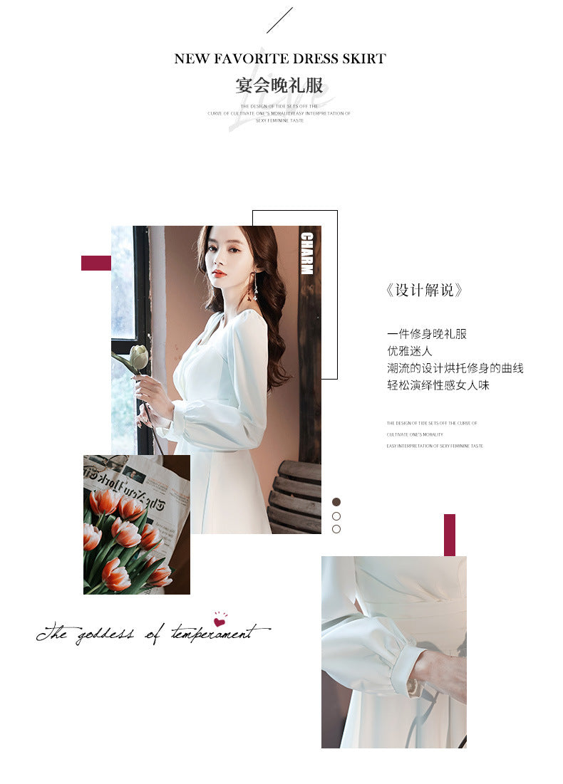 2024 Spring White Dress High-End Wedding Party Simple Graceful Square Collar Dress Spring and Autumn Women